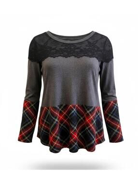 NWT S Maurices grey & plaid blouse